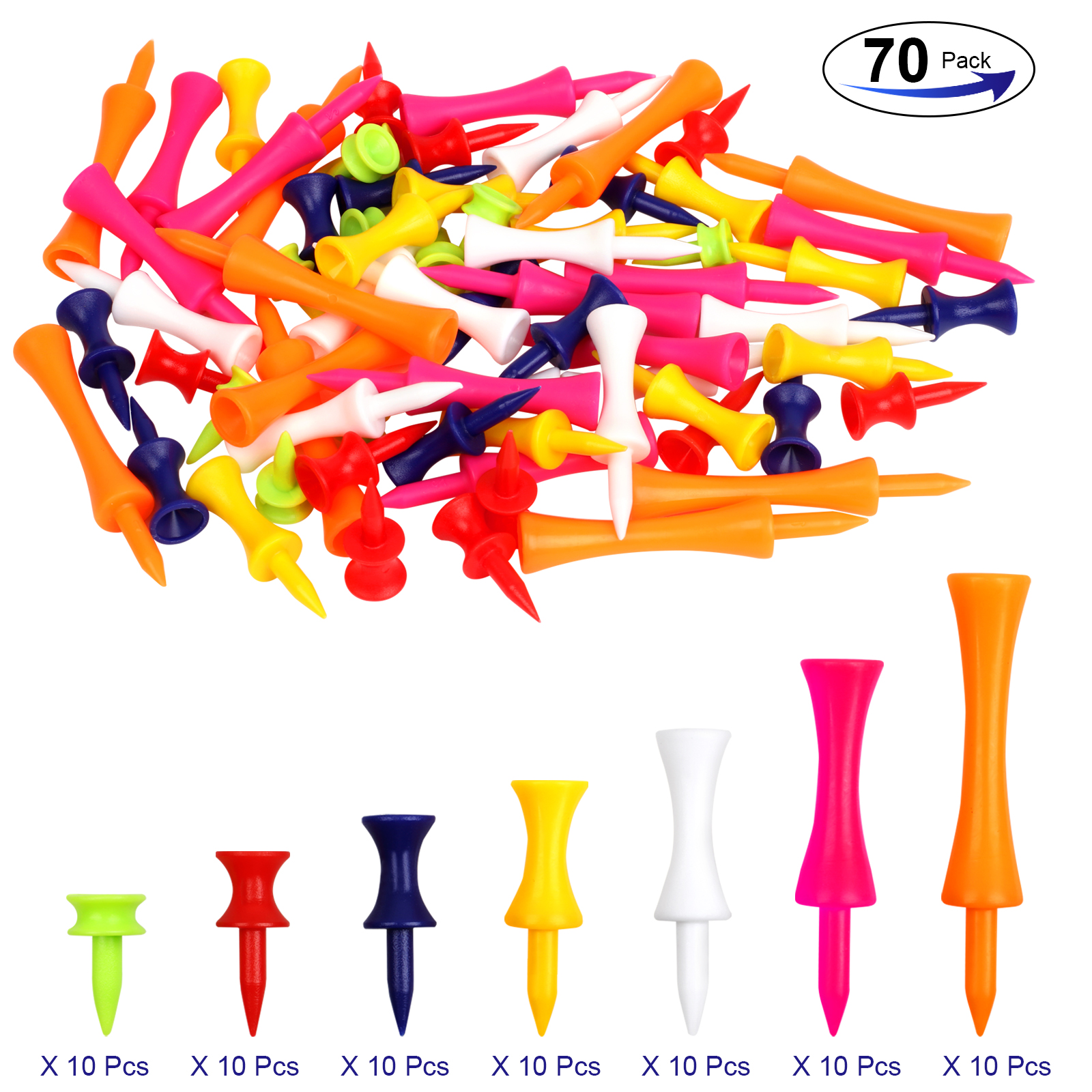 Weysoo Golf Tees Plastic, 70 Pcs Mixed Sizes Castle Golf Tees, Durable Winter Golf Tees Small Castle Tees in Multiple Colors(25mm, 32mm, 39mm, 45mm, 51mm, 59mm, 70mm)